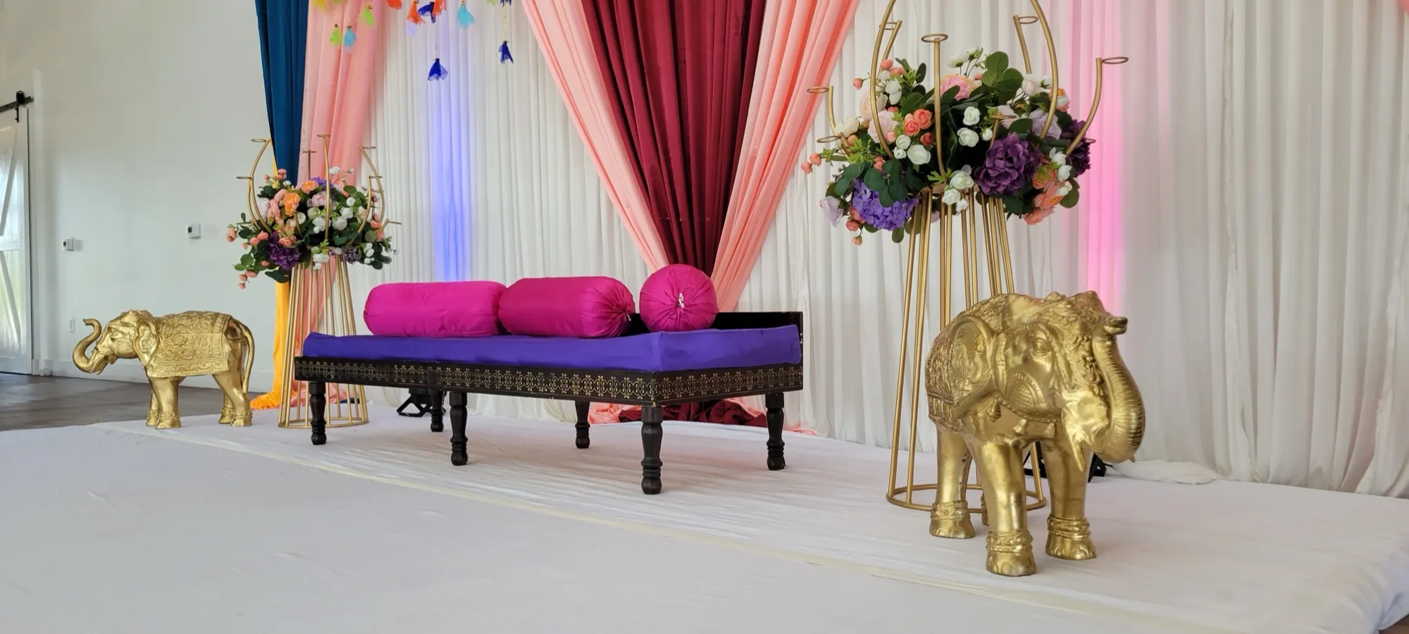 Full stage drapes diwan elephants — Colorful Sangeet Stage with Diwan & Elephants