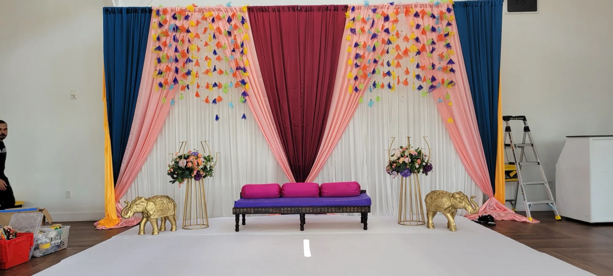 Stage wide angle full setup — Colorful Sangeet Stage with Diwan & Elephants