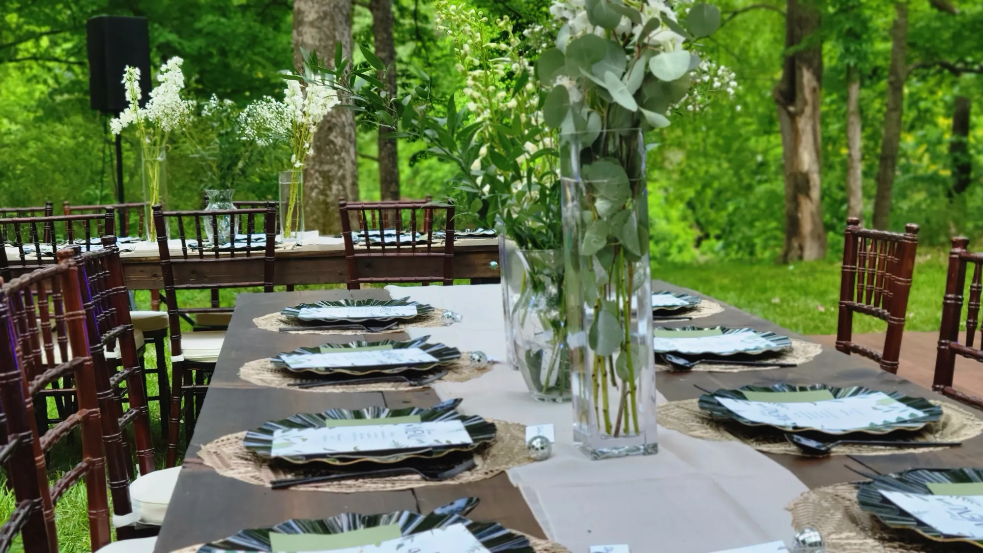 Outdoor table setting chiavari woven charger — Rustic Bamboo Garden Mandap