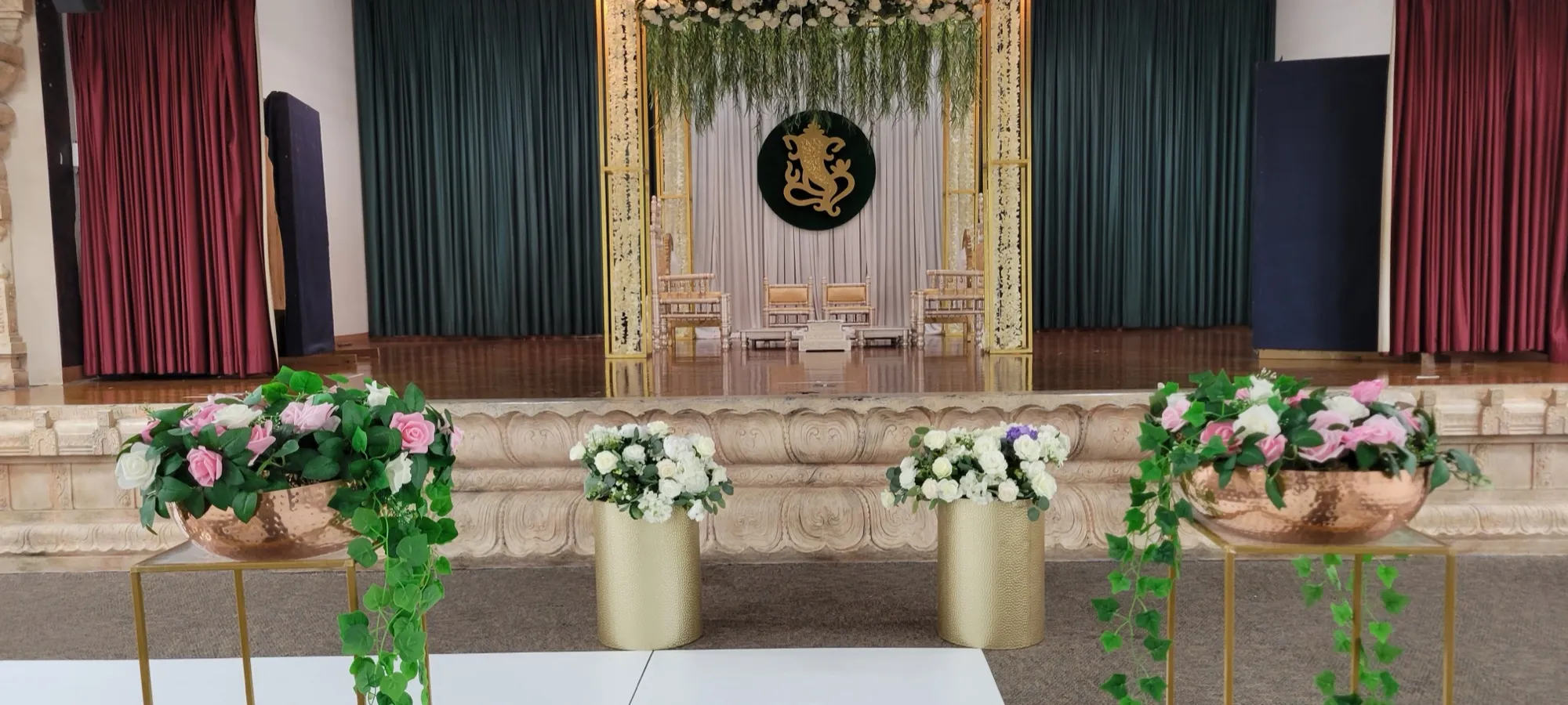 Green drape white sheer backdrop — Gold Frame Mandap in Green & White
