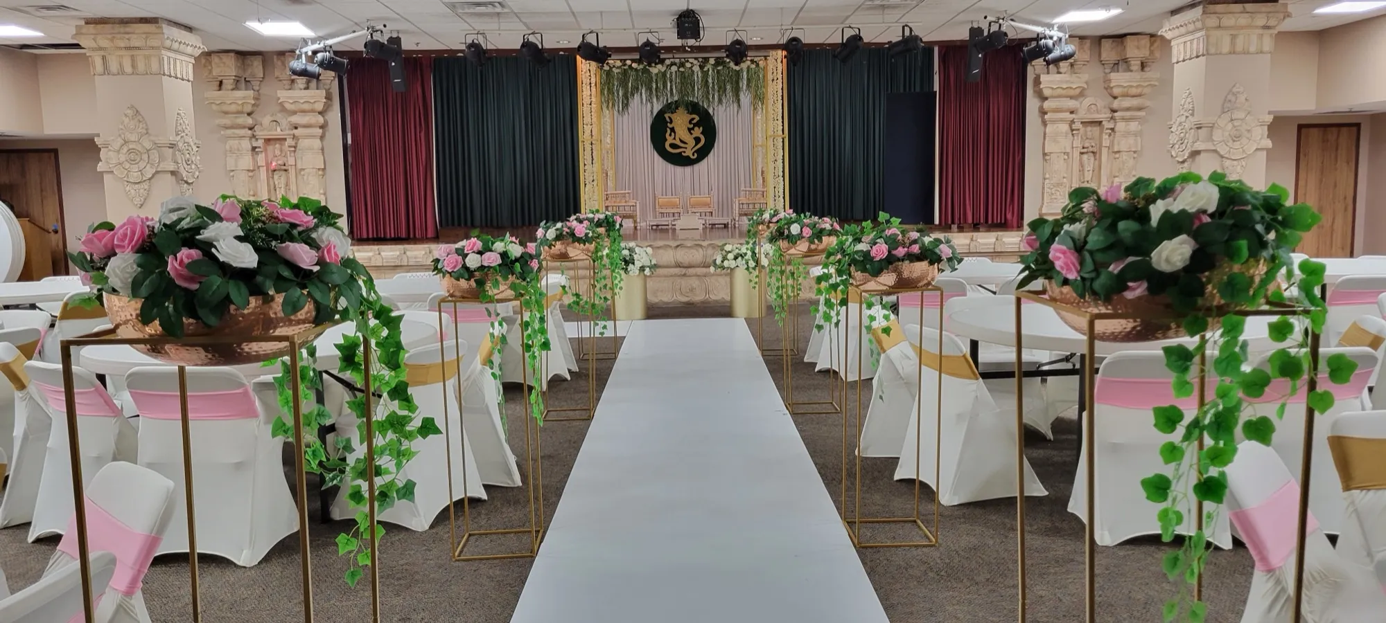 Chair sash pink gold detail — Gold Frame Mandap in Green & White